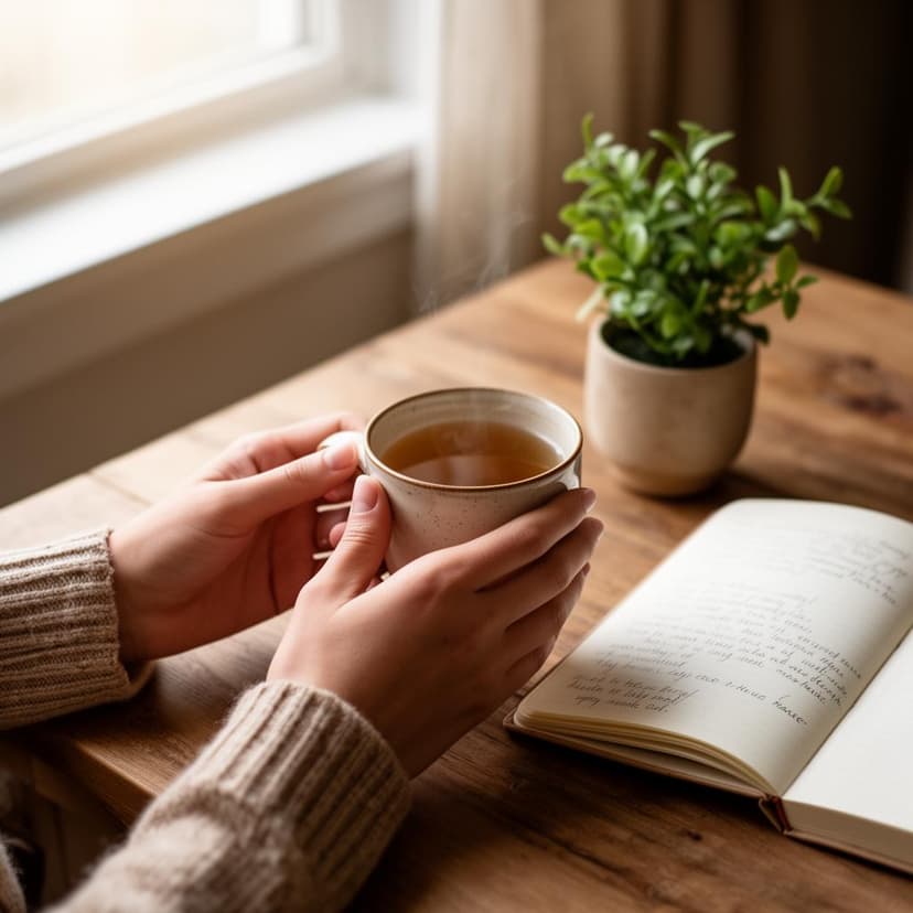 Mindfulness moment with tea and journal
